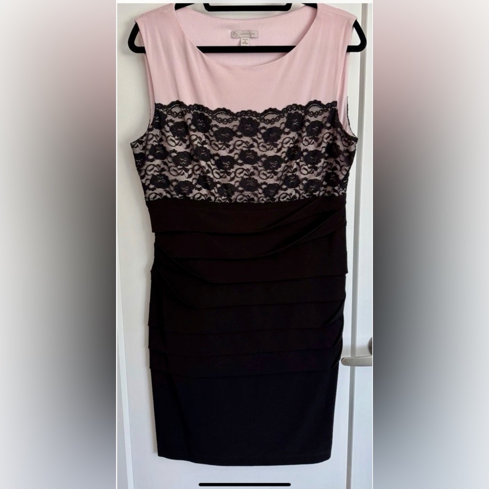 Dress Barn Pink Black Contrast Dress Ladies 14 Bodycon Lace Elegant Feminine